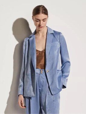 Vince Dusty Blue Single Breasted Blazer Notch Lapel Linen Blend Sz 4